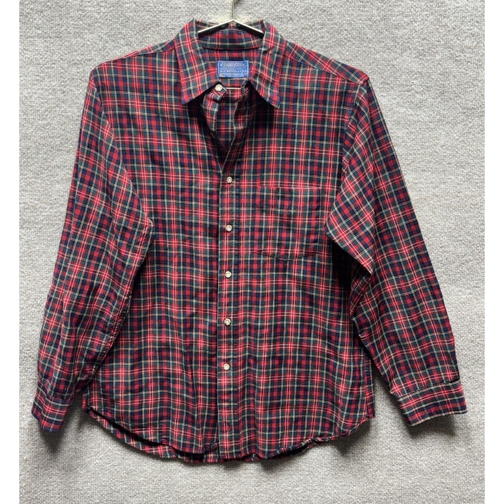 Vintage 1960s Pendleton Button Down Shirt Red‎ Plaid Open Pocket Collared L EUC